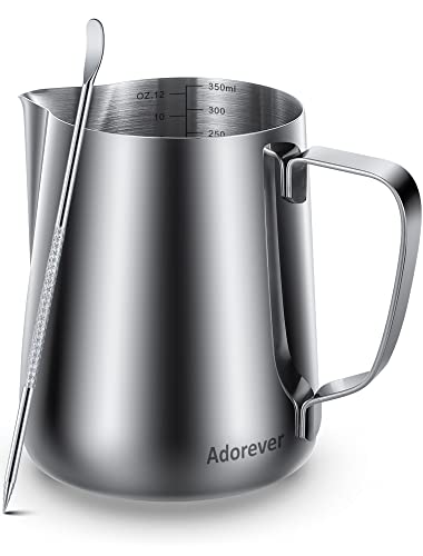 Milk Frothing Pitcher 350ml/600ml/900ml/1500ml (12oz/20oz/32oz/50oz) Steaming Pitchers Stainless Steel Milk/Coffee/Cappuccino/Latte Art Barista Steam Pitchers Milk Jug Cup with Art Pen,12oz